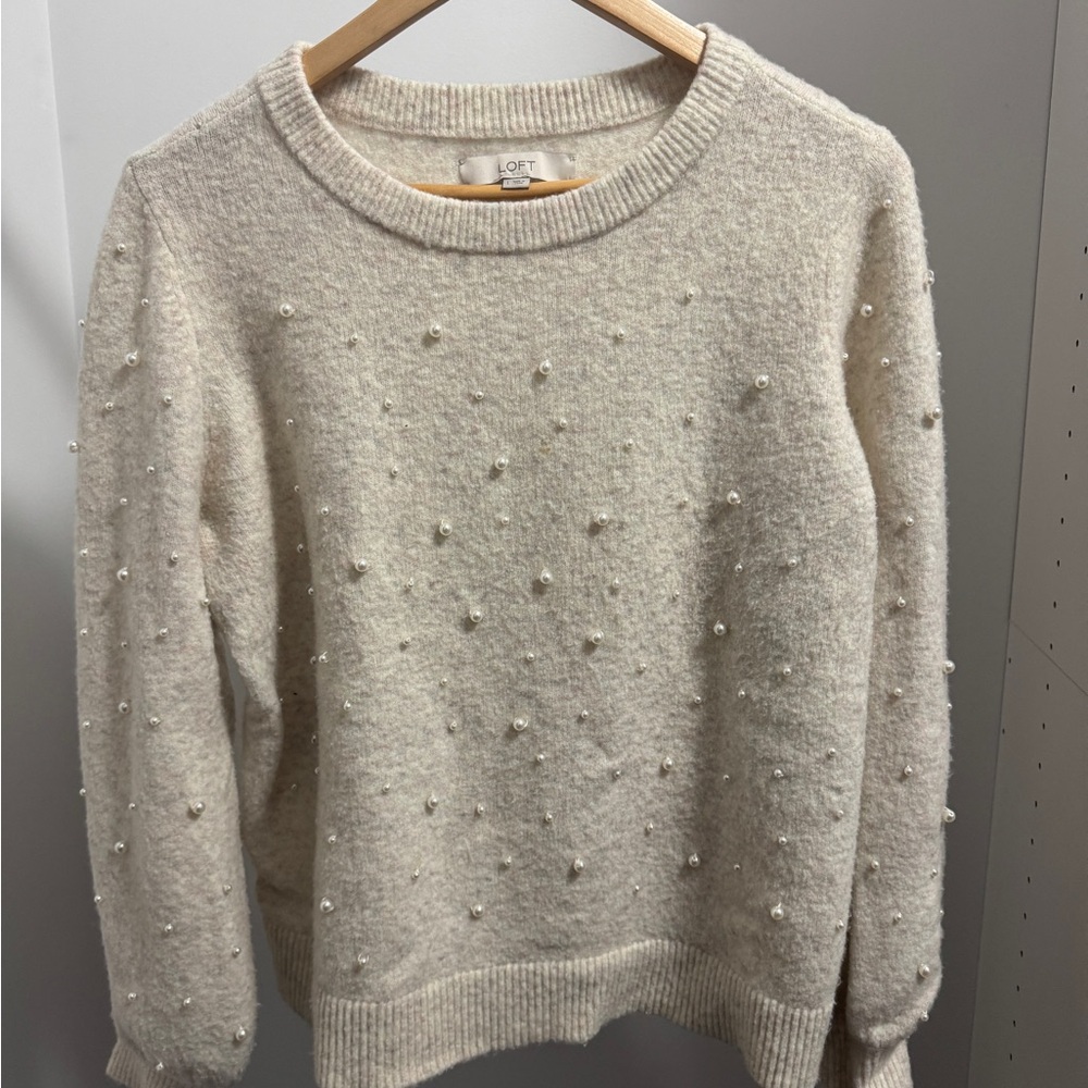 LOFT Pearl Embellished Sweater Cream Ivory Knit Women’s Large Holiday Winter